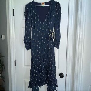 FARM Rio Navy Blue Long Sleeve Wrap Dress with Subtle Print